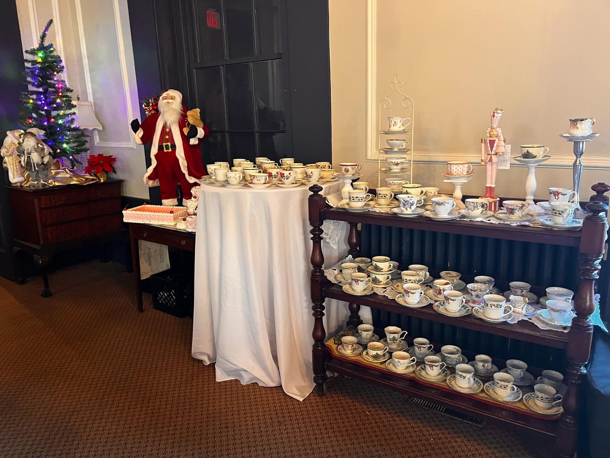 Vintage china teacups arranged for afternoon tea