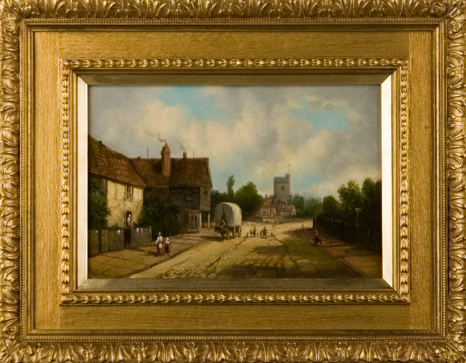 English Oil on Canvas of Village Street Scene