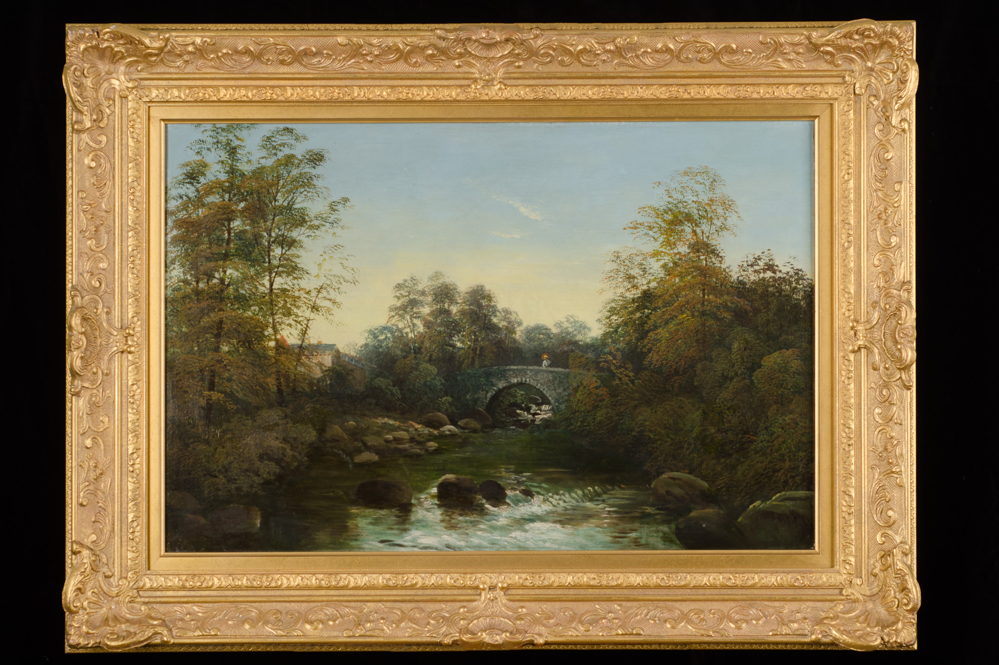 Bridge Over River Scene by R. Allen