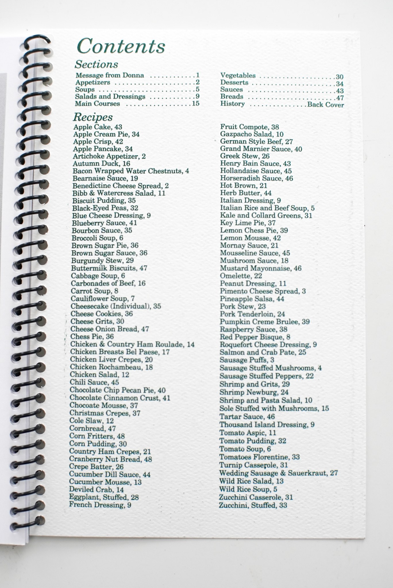 Table of contents listing recipes in the Science Hill cookbook