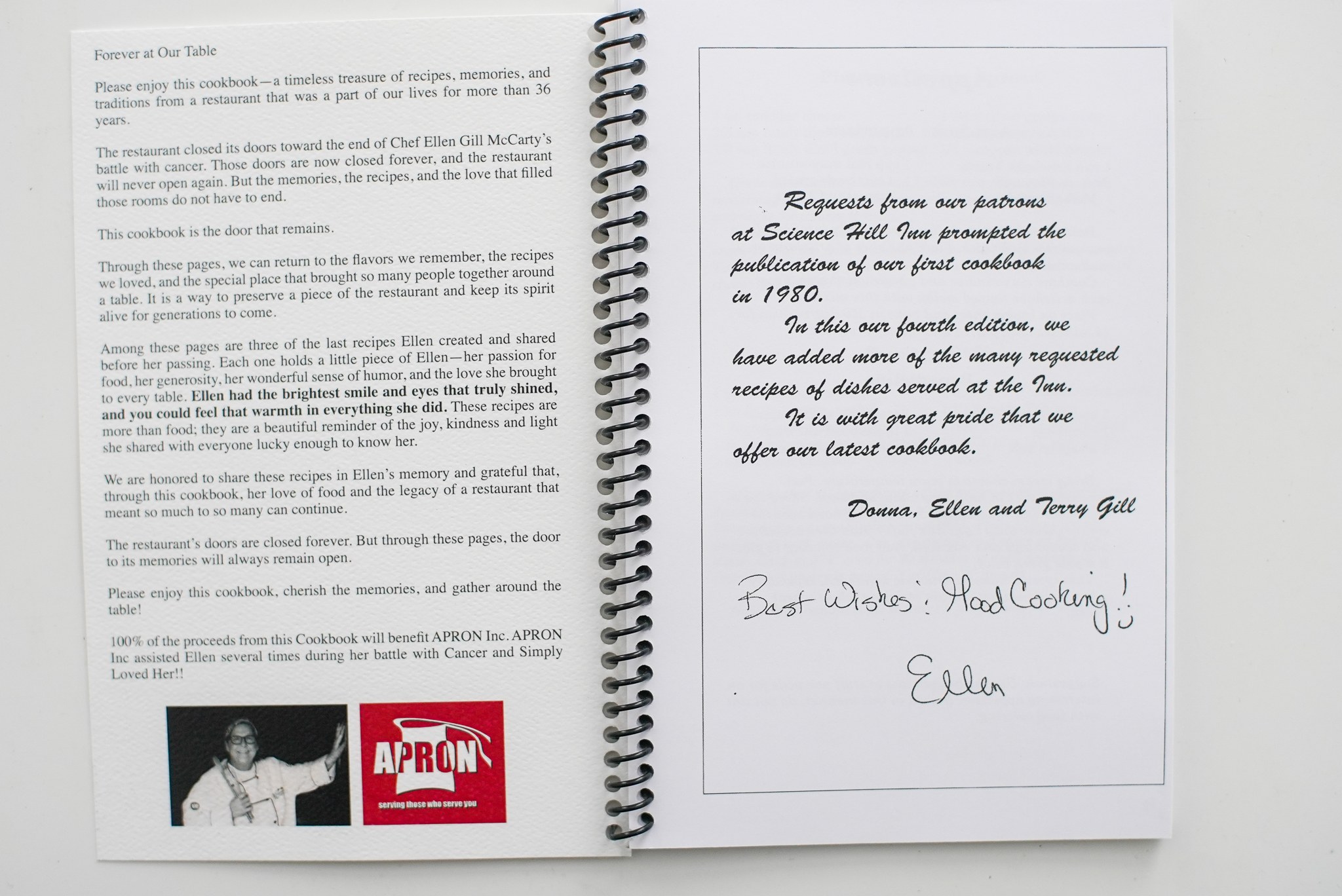 Open Science Hill cookbook showing the dedication and APRON Inc. fundraiser page
