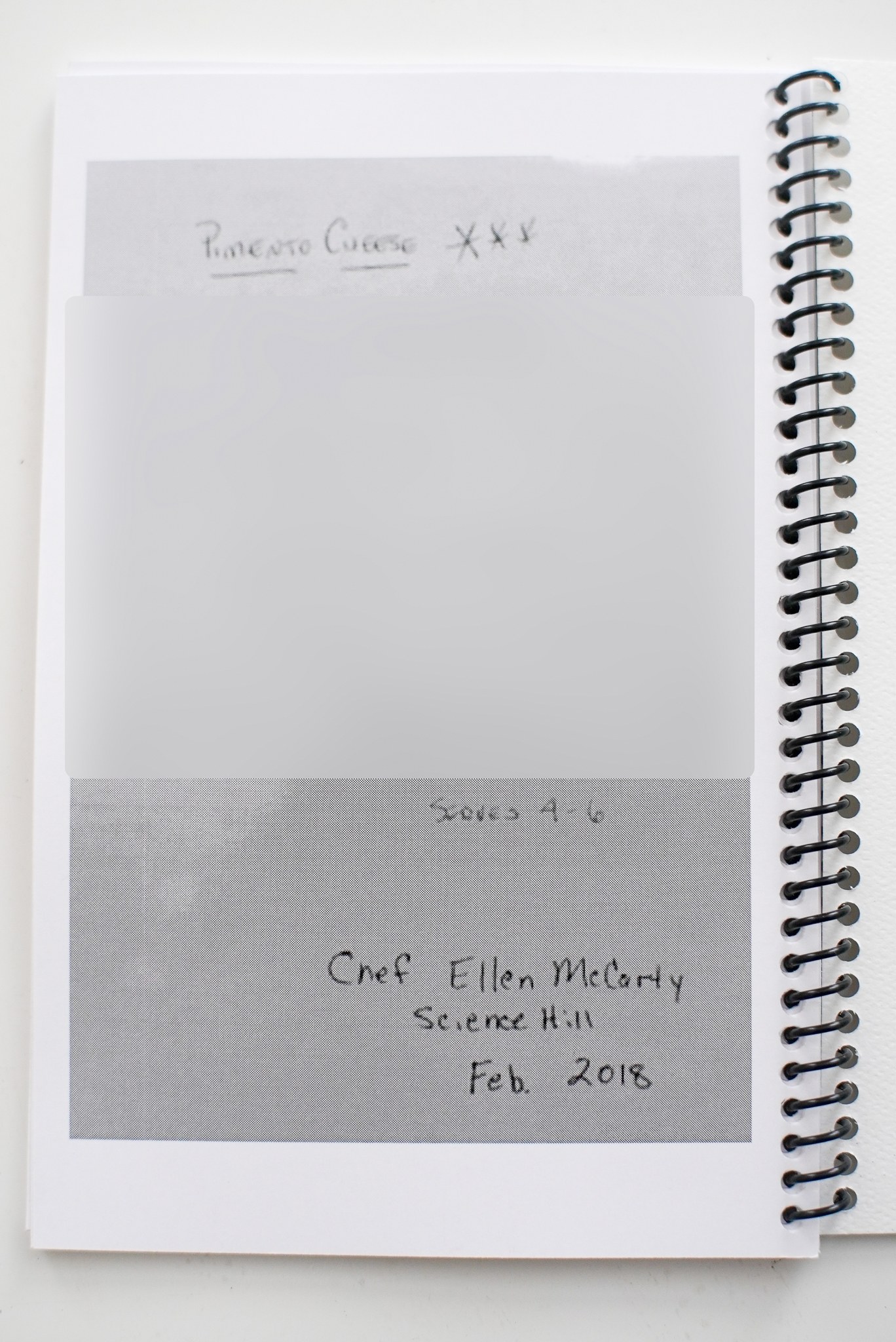 Handwritten recipe preview with recipe text blurred and Chef Ellen McCarty’s signature visible